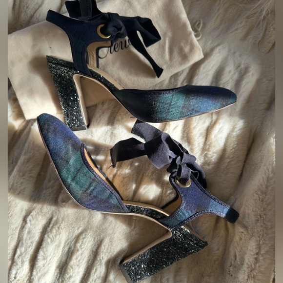 J CREW | Avery Black Watch Tartan Plaid Ankle-Tie Glitter Heels - Picture 5 of 14